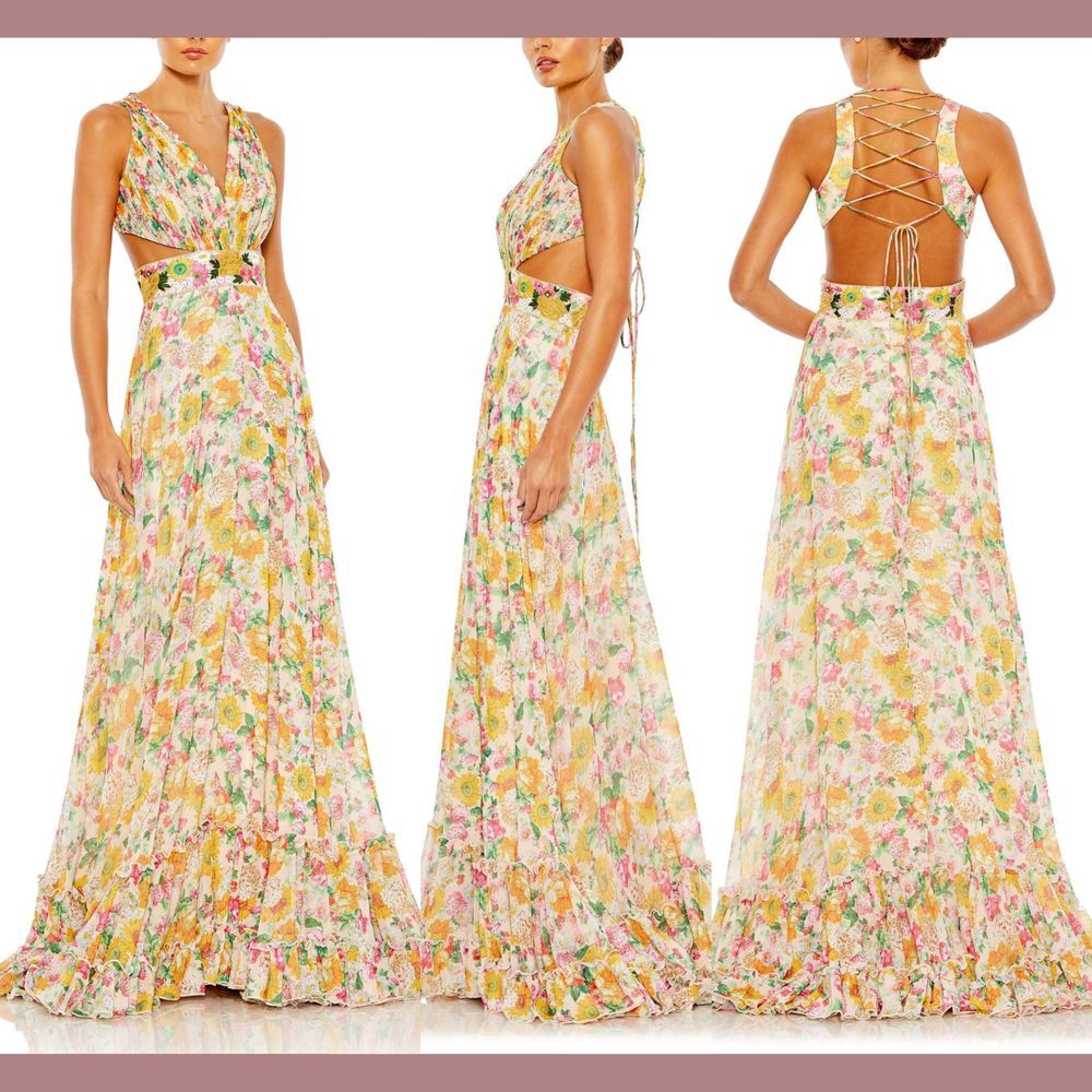 NWT $598 Mac Duggal [ 4 ] Floral Cut Out Lace Up Tiered Gown‎ Nude Yellow #S1063